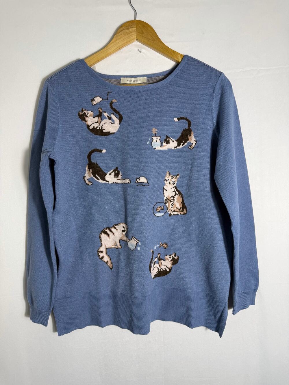 NWT Astrologie Cat Sweater Blue Knit Intarsia Yarn Whimsical Novelty Pullover S